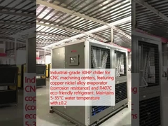Máy làm mát cấp công nghiệp 30HP cho các trung tâm gia công CNC, có bộ bay hơi hợp kim đồng-nickel (chống ăn mòn) và chất làm mát thân thiện với môi trường R407C. Giữ nhiệt độ nước 5-35 °C với ± 0.2